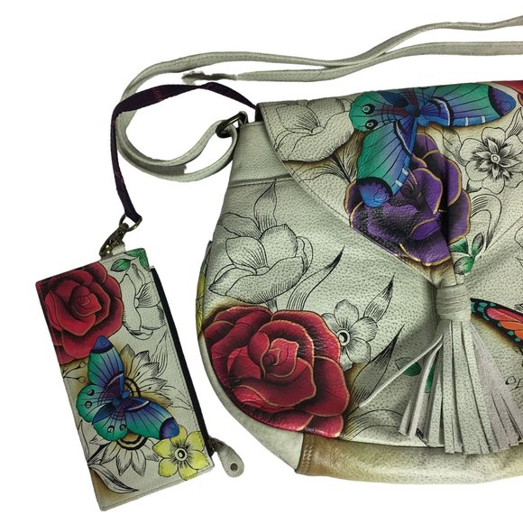 Anuschka NEVER USED Handpainted Leather Shoulder Bag Tassel Butterfly - Picture 4 of 12